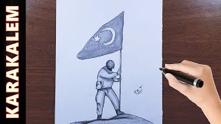 BAYRAK DİKEN ASKER ÇİZİMİ  ASKER NASIL ÇİZİLİR  KARAKALEM RESMİ [upl. by Allain]