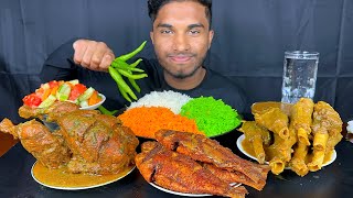 Spicy mutton nalli curry full chicken curry and fish fry with rice eating show indian food eating [upl. by Willow]