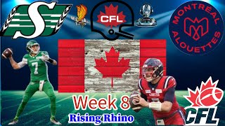 Saskatchewan Roughriders vs Montreal Alouettes  Week 8 CFL AI Cohost Watch Party and Play by Play [upl. by Aerdna]