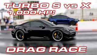 1000 HP Porsche Turbo S vs Tesla Model X Plaid 14 Mile DRAG RACE [upl. by Laurinda34]