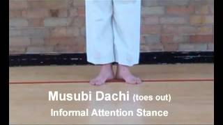 Karate Stances Basic Shotokan Stances Musubi Dachi and Heisoku Dachi Informal Attention Stances [upl. by Darcie]