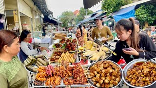 Countryside Market in Cambodia  Popular Street Food Grilled chicken wings Roast beef Frog Fish [upl. by Jala277]