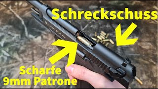 Scharfe 9mm Patrone in 9mm Schreckschuss Pistole laden und schießen ist das möglich [upl. by Nador]