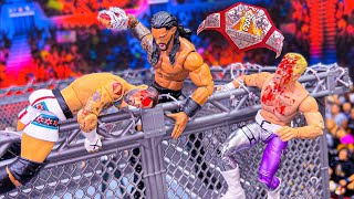 CM Punk vs Roman Reigns vs Cody Rhodes  Barbed Wire Steel Cage Action Figure Match [upl. by Garek]