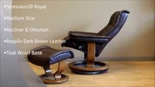 Stressless Royal Medium Recliner  Ottoman  Royalin Dark Brown Leather  Teak Wood Base by Ekornes [upl. by Nnylcaj]