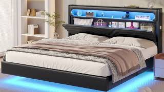 Sikaic King Size LED Floating Bed Frame With Charging Station Hidden Storage [upl. by Burdett524]