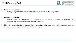 Potencial metanogênico da cafeína em esgoto sanitário em reatores anaeróbios em batelada [upl. by Aurelia]