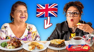 Mexican Moms try British food for the first time Bangers and Mash Scotch Eggs [upl. by Latea]