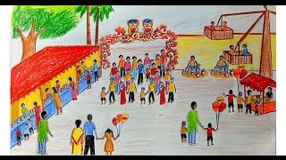 How to draw scenery of Pohela Boishakh  village fair step by step  Art video [upl. by Alleda81]