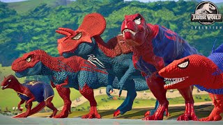 ALL RED SPIDERMAN Battle in Jurassic World Dinosaur Pro SuperHero Team [upl. by Hynda681]