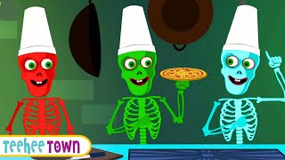 Five Skeletons Cooking Pizza At Halloween Party  Spooky Scary Songs By Teehee Town [upl. by Annail]