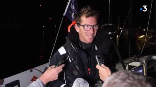 Réaction de Xavier Macaire à son arrivée en tête de la première étape de la Solitaire du Figaro [upl. by Arola257]