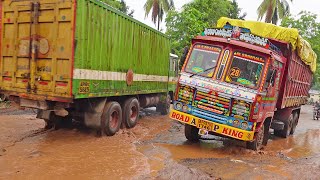 Tippers Struggling with Heavy Loaded tipper in potholes  Lorry Truck videos  Tipper Lorry Truck [upl. by Adnirual]