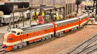 Athearn Genesis F7 EMD Demonstrator Locomotives with a Union Pacific freight train at AEWRR [upl. by Eidarb900]