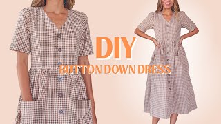 DIY Button down midi dress with short sleeve and front pocket  Beginner friendly sewing tutorial [upl. by Siulesoj]