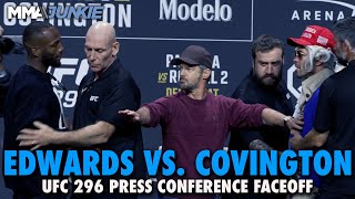 Leon Edwards Colby Covington Restrained at UFC 296 Press Conference Faceoff [upl. by Acinehs292]