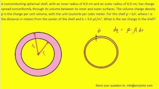 A nonconducting spherical shell with an inner radius of 40 cm and an outer radius of 60 cm has c [upl. by Donelle899]