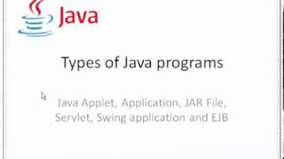 Types of Java programs  Applet Application Servlet JSP Swing apps EJB [upl. by Nuahsor]