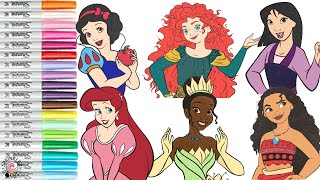 Disney Princess Coloring Book Compilation Tiana Merida Moana Aurora Mulan Snow White Ariel [upl. by Dadelos]