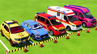 DACIA AUDI VOLKSWAGEN POLICE CARS amp MERCEDES AMBULANCE EMERGENCY VEHICLES TRANSPORTING  FS22 [upl. by Hughett445]