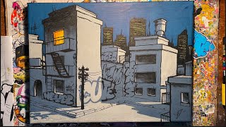 Timelapse  Painting a graffiti canvas of a tag bombed city [upl. by Virgel816]