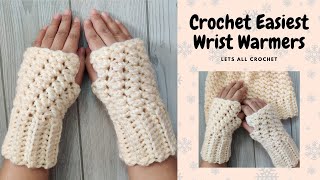 Crochet Wrist Warmers or Easy Crochet Chunky Fingerless Gloves Absolute Beginner Tutorial [upl. by Wesa669]