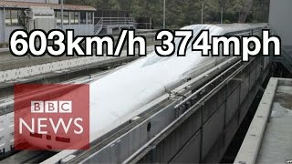 Japan Worlds fastest train 603kmh  BBC News [upl. by Htiekram]