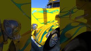 Maggini rides amp flames are a west coast staple peterbilt photoshoot flames semitruck yellow [upl. by Ogeid]