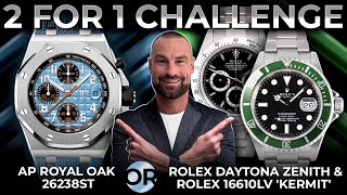 2 for 1 challenge AP Royal Oak 26238ST vs Rolex Daytona Zenith amp Rolex 16610LV Kermit [upl. by Dnaloy]