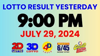 Lotto Result Yesterday PCSO 9PM Draw July 29 2024  PCSO Lotto 2D 3D Swertres 4D 645 655 [upl. by Raji]