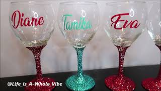 DIY CUSTOMIZED BLING DOLLAR TREE WINE GLASSES  HOW TO ADD SIGN VINYL TO WINE GLASS GIFT IDEAS [upl. by Akilak859]