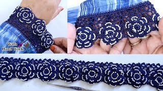 Crosia Flower lace Design 🔥🔥 Crochet Lace Tutorial On kurti Sleeves  New Qureshia Design with Moti [upl. by Gauntlett]