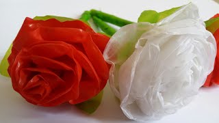 How to make rose with plastic carry bag ll Plastic bag Flower ll easy method ll Best out of Waste [upl. by Okomom]