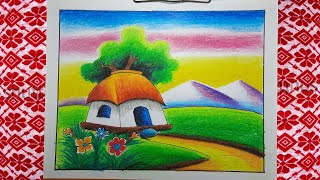 Village Scenery drawing  Natural Scenery Draw  How to Draw very easy scenery step by tejimolaart [upl. by Mosnar]