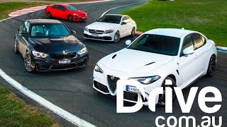 Alfa Romeo Giulia QV v BMW M3 v HSV GTS v MercedesAMG C63 S  Drivecomau [upl. by Squires]