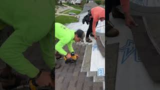 Roofing crew installing Teak Owens Corning shingles roofing owenscorning [upl. by Wagshul]