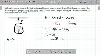 Para una piedra que pesa 54 kg en el aire y 24 kg sumergido en el agua Flotación [upl. by Gnoy790]