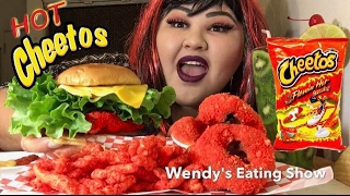 Hot Cheetos Hamburger and Onion Rings MUKBANG Wendys Eating Show [upl. by Aseeram827]