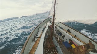 Singlehanding Drascombe Lugger Heavingto and shaking a reef [upl. by Alomeda661]