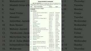 PU Holidays  Panjab University Chandigarh Holidays Calendar 2021 [upl. by Sergeant]