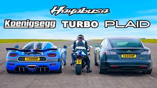 Koenigsegg v Tesla Plaid v Turbo Hayabusa DRAG RACE [upl. by Evita]