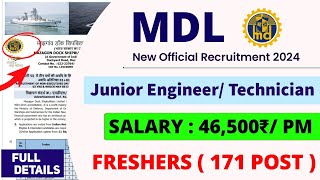 MDL New Recruitment 2024। Junior Engineer Technician। Freshers 😍। Job Vacancy 2024। Jobs 2024 [upl. by Lexis]