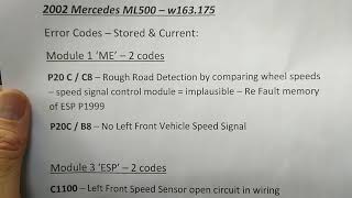 Mercedes ML 500 Stuck in Limp Mode due to ABS Speed Sensor Issues Code P20c C1100 C1025003 N1100 [upl. by Garrard]