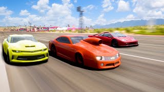 Forza Horizon 5 Fastest Drag Car  Pro Stock Camaro vs Diablo GTR vs Copo Camaro [upl. by Ecyal]