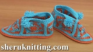 Crochet Square Motif Booties with Pompoms Part 1 of 2 [upl. by Sigsmond]