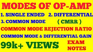 MODES OF OPAMP  SINGLE ENDED DIFFERENTIAL COMMON MODE  CMRR  DIFFERENTIAL amp COMMON MODE GAIN [upl. by Patrizius139]