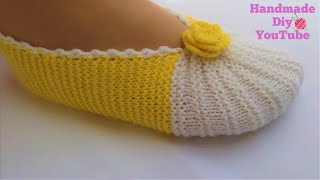 Como hacer Pantuflas con dos Agujas│Modelo de Líneas de Sandía♡Handmade Diy [upl. by Nagar]