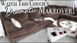 DIY Couch Makeover  How to Reupholster a Sectional Couch  Dramatic Furniture Transformation [upl. by Aleicarg50]