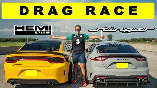 Kia Stinger GT races Dodge Charger RT 57 Hemi someone gets walked Drag and roll race [upl. by Angelika]