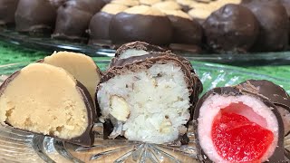 3 Christmas Candies Peanut Butter Buckeyes Coconut Bon Bons Chocolate Covered Cherries [upl. by Selie]